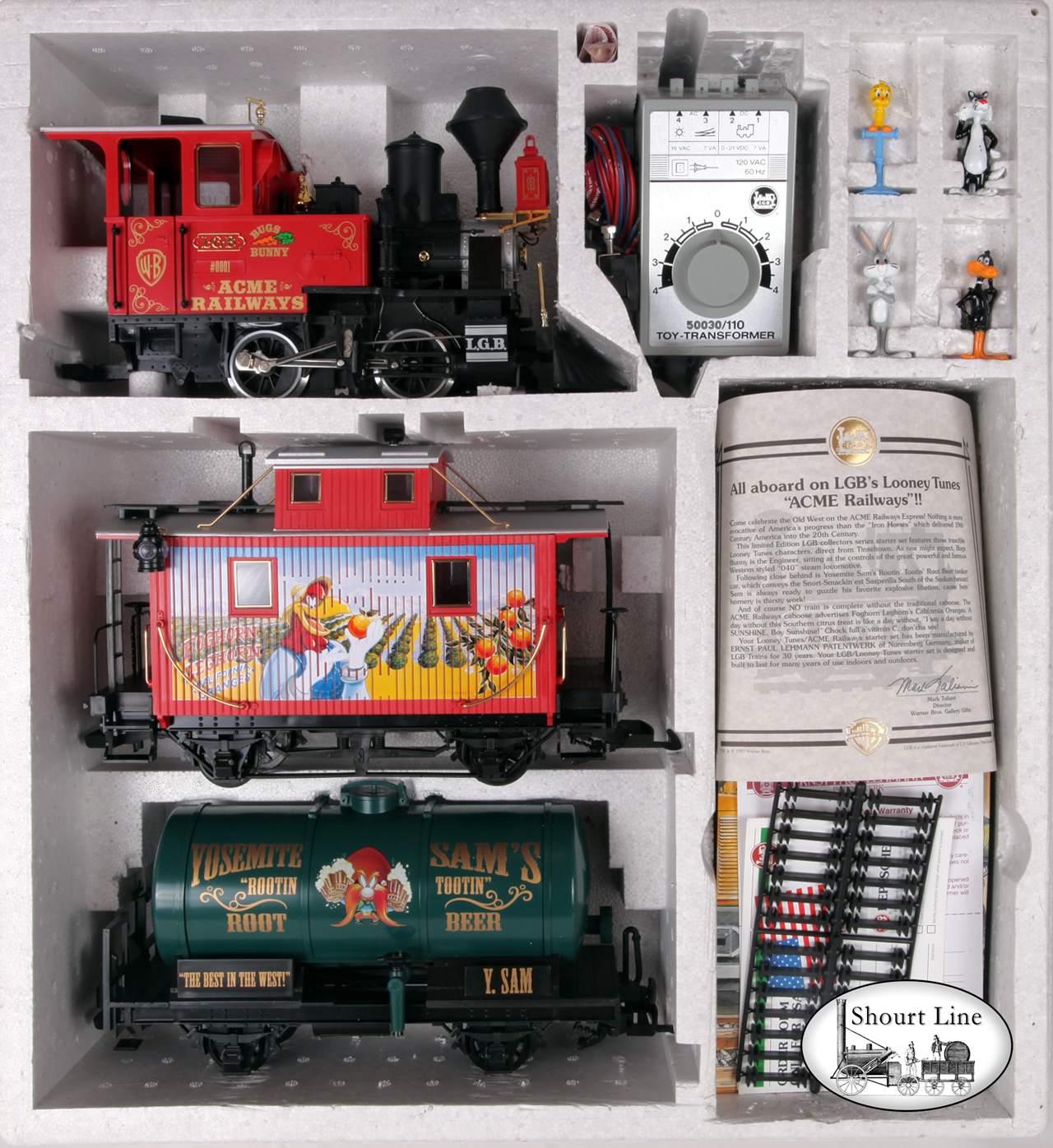 LGB 72997 Looney Toon Train Starter Set - ACME Railways 0-4-0 Loco, Tank car, Caboose, 4 METAL Cartoon Figures, Circle Track,  Power Pack, Track Clips, Documents, Certificate